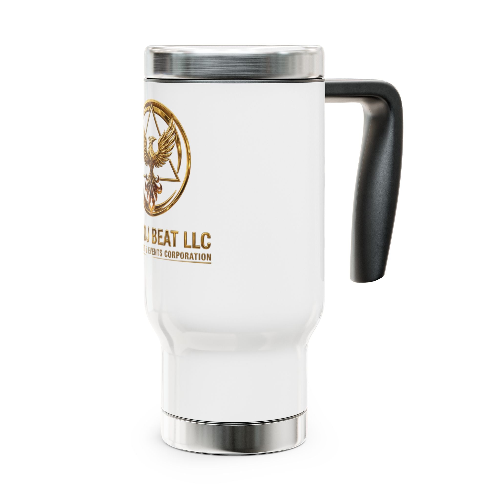 Miami DJ Beat LLC 14oz Stainless Travel Mug with Handle – Gold Phoenix Logo
