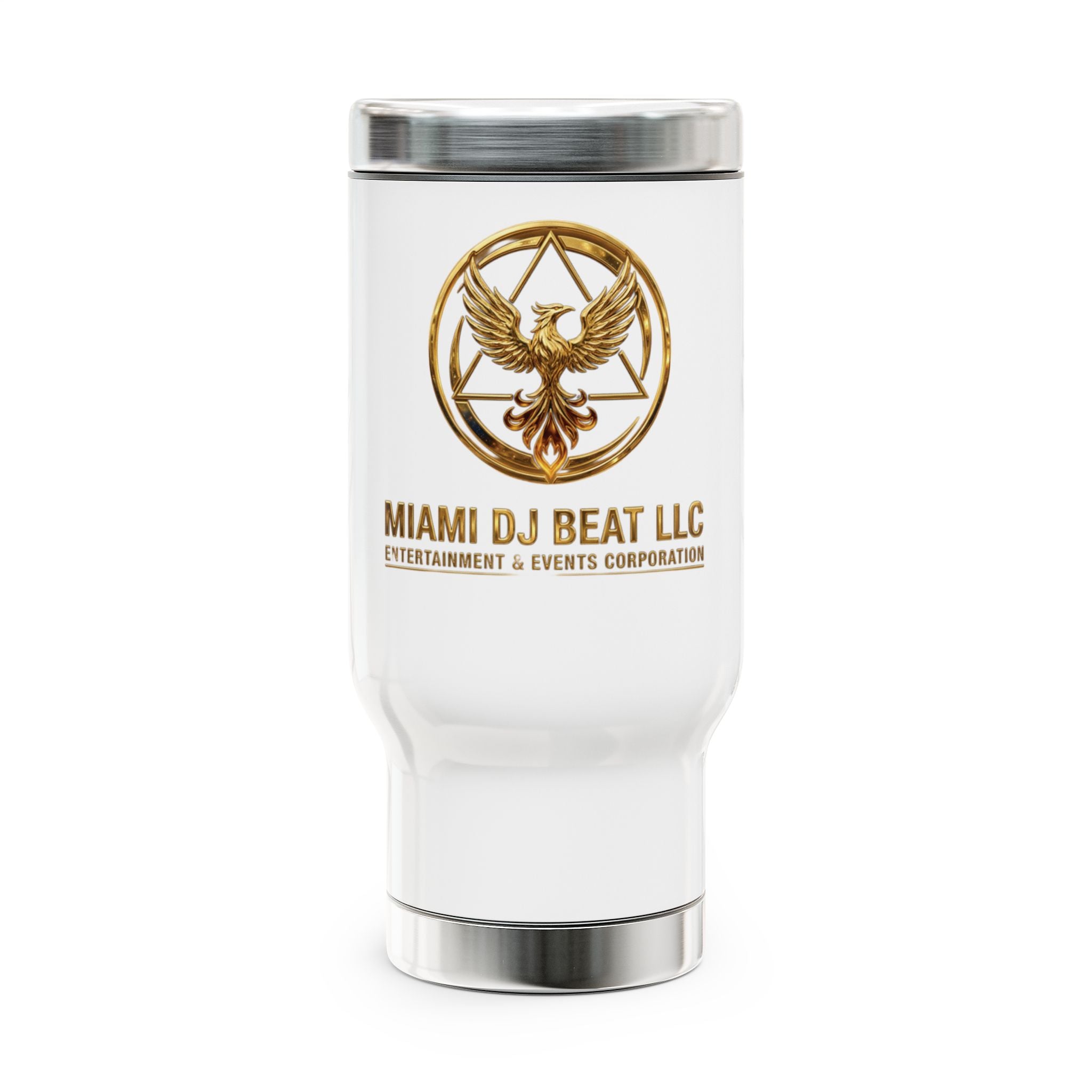 Miami DJ Beat LLC 14oz Stainless Travel Mug with Handle – Gold Phoenix Logo
